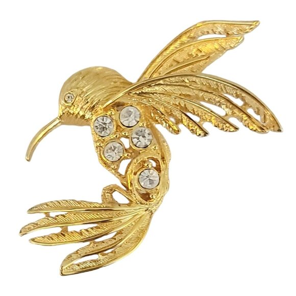Napier Gold Tone Clear Rhinestone Hummingbird In Flight Brooch Pin, Signed M446 - Picture 5 of 5